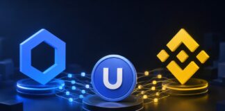 Chainlink- und BNB-Chain-Logos verbinden den Stablecoin U über eine Cross-Chain-Infrastruktur für DeFi.