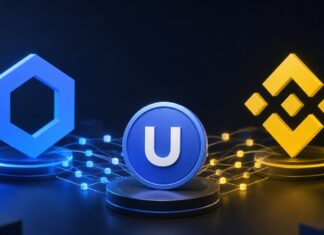 Chainlink- und BNB-Chain-Logos verbinden den Stablecoin U über eine Cross-Chain-Infrastruktur für DeFi.