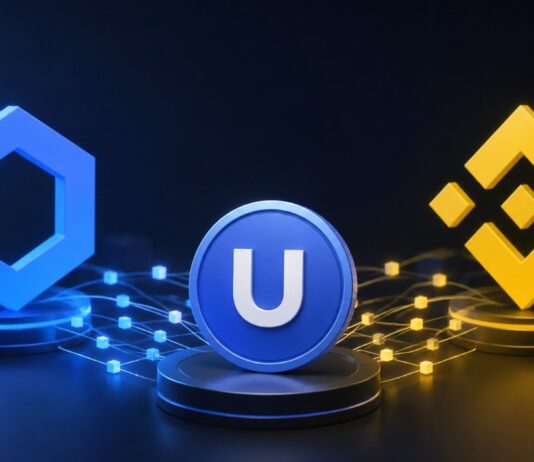 Chainlink- und BNB-Chain-Logos verbinden den Stablecoin U über eine Cross-Chain-Infrastruktur für DeFi.