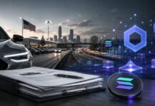 Auto, Kreditunterlagen sowie deutlich sichtbare Solana- und Chainlink-Symbole vor einer US-Stadtkulisse.