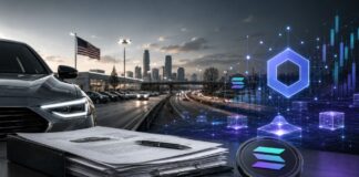 Auto, Kreditunterlagen sowie deutlich sichtbare Solana- und Chainlink-Symbole vor einer US-Stadtkulisse.