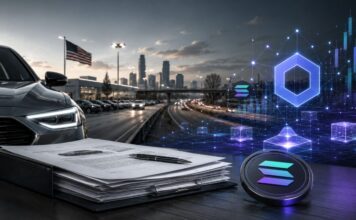 Auto, Kreditunterlagen sowie deutlich sichtbare Solana- und Chainlink-Symbole vor einer US-Stadtkulisse.