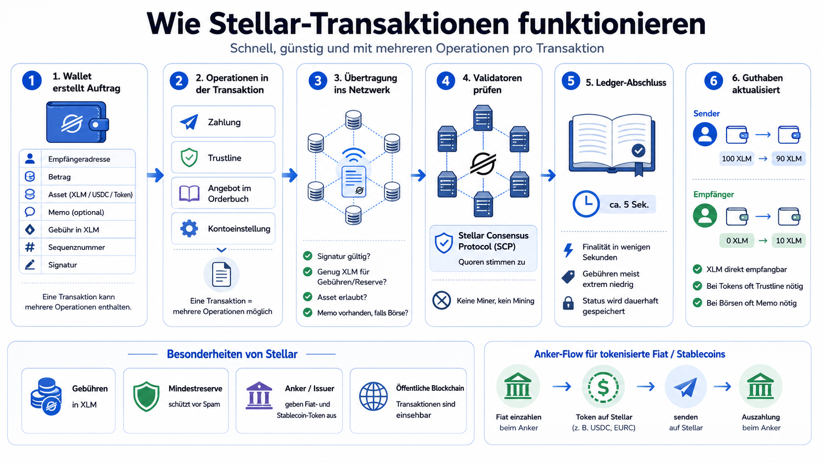 Infografik erklärt, wie Stellar-Transaktionen mit XLM, Operationen, Validatoren, SCP-Konsens, Gebühren und Ankern funktionieren