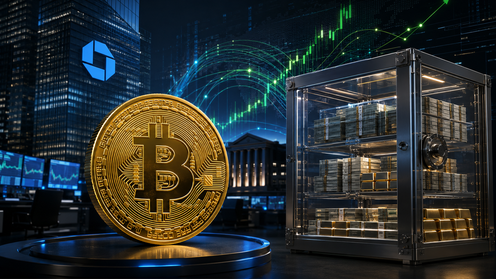 Bitcoin vor einem gefüllten Tresor zur aktuellen Prognose von JPMorgan