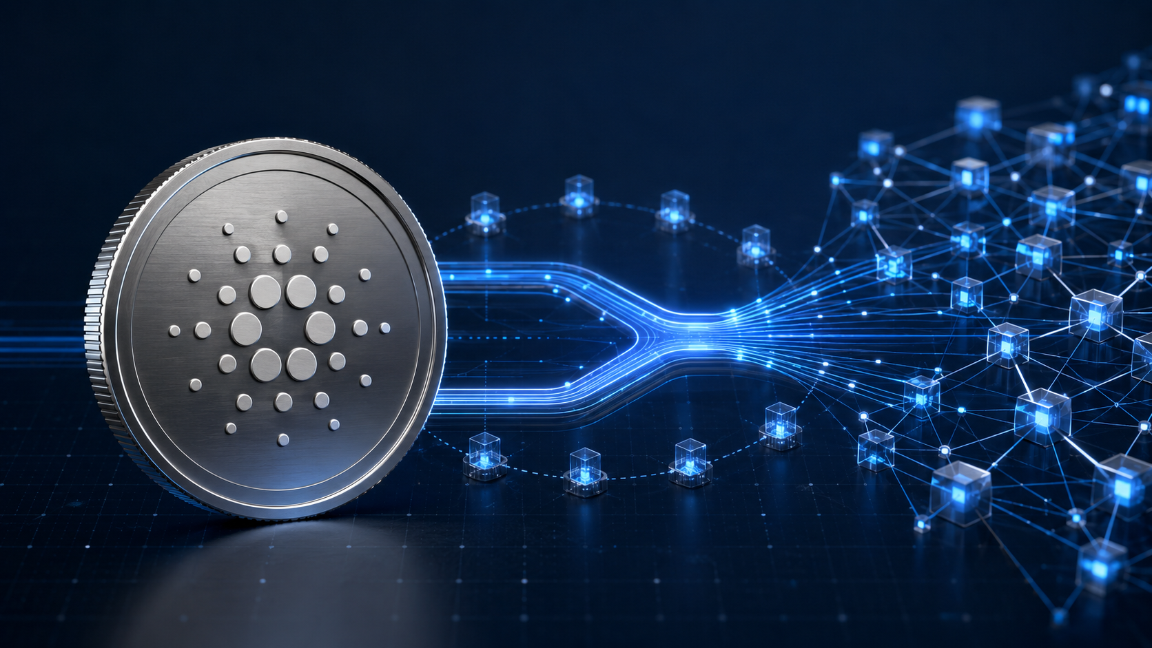 Cardano-Münze vor einem verzweigten Blockchain-Netzwerk zur Dijkstra-Ära