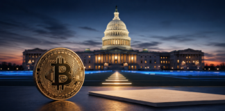 US-Finanzminister sieht Clarity Act vor Durchbruch – Demokraten stellen sich quer Bitcoin vor dem US-Kapitol symbolisiert die entscheidenden Verhandlungen über den Clarity Act