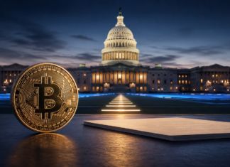 Bitcoin vor dem US-Kapitol symbolisiert die entscheidenden Verhandlungen über den Clarity Act
