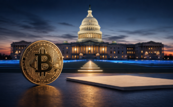 US-Finanzminister sieht Clarity Act vor Durchbruch – Demokraten stellen sich quer Bitcoin vor dem US-Kapitol symbolisiert die entscheidenden Verhandlungen über den Clarity Act