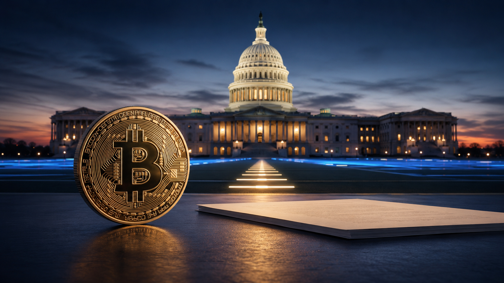 Bitcoin vor dem US-Kapitol symbolisiert die entscheidenden Verhandlungen über den Clarity Act