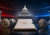 US-Kapitol mit Bitcoin, Ethereum und XRP als Symbol für die bevorstehende Abstimmung über den Clarity Act