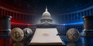 US-Kapitol mit Bitcoin, Ethereum und XRP als Symbol für die bevorstehende Abstimmung über den Clarity Act