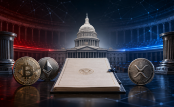 US-Kapitol mit Bitcoin, Ethereum und XRP als Symbol für die bevorstehende Abstimmung über den Clarity Act