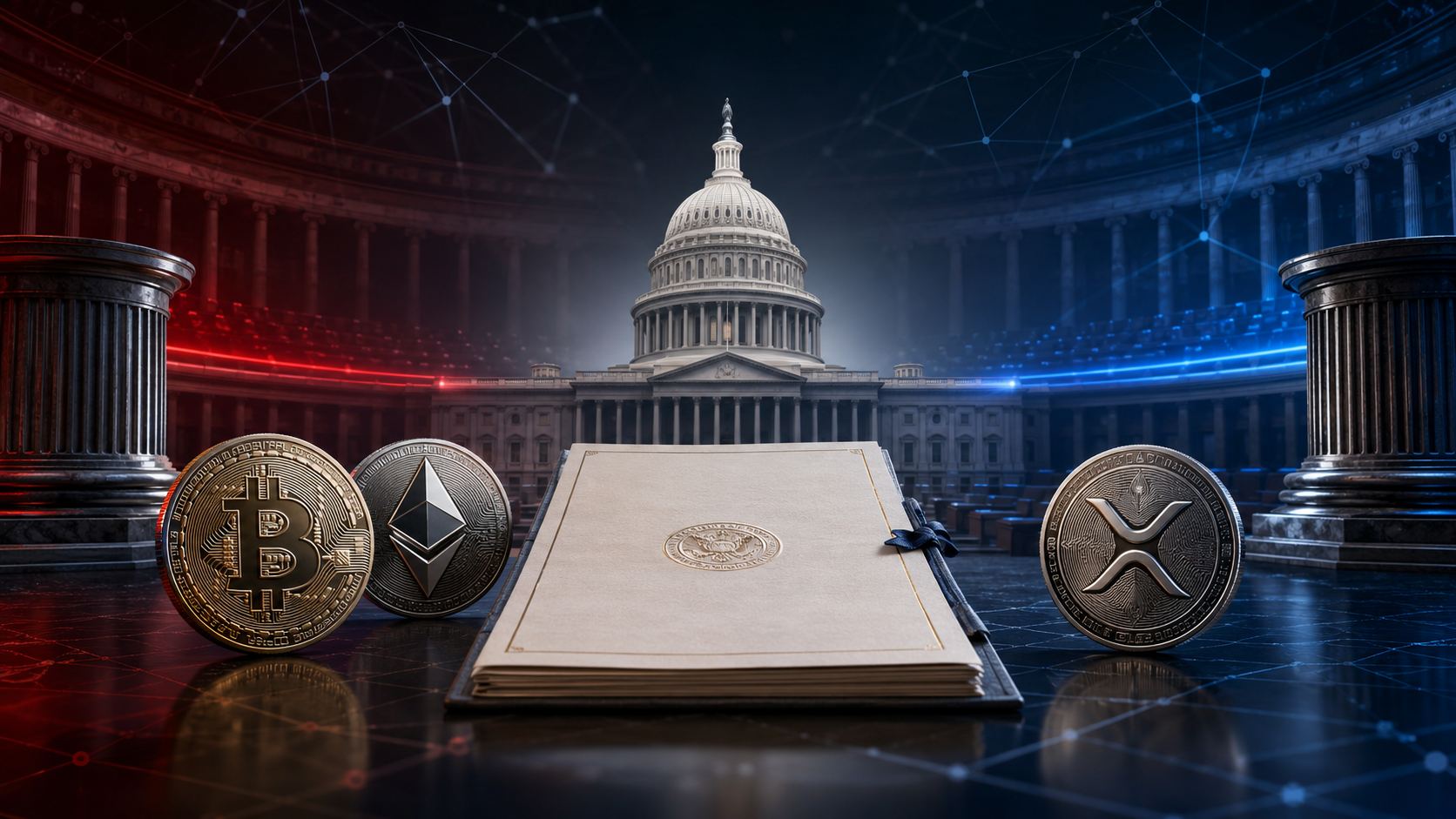 US-Kapitol mit Bitcoin, Ethereum und XRP als Symbol für die bevorstehende Abstimmung über den Clarity Act