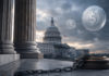 US-Kapitol mit digitalen Stablecoin-Symbolen und einer schweren Kette als Symbol für die Blockade des Clarity Act