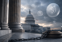 US-Kapitol mit digitalen Stablecoin-Symbolen und einer schweren Kette als Symbol für die Blockade des Clarity Act
