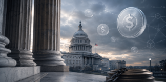 US-Kapitol mit digitalen Stablecoin-Symbolen und einer schweren Kette als Symbol für die Blockade des Clarity Act