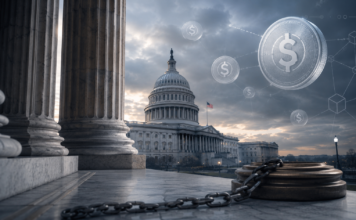 US-Kapitol mit digitalen Stablecoin-Symbolen und einer schweren Kette als Symbol für die Blockade des Clarity Act