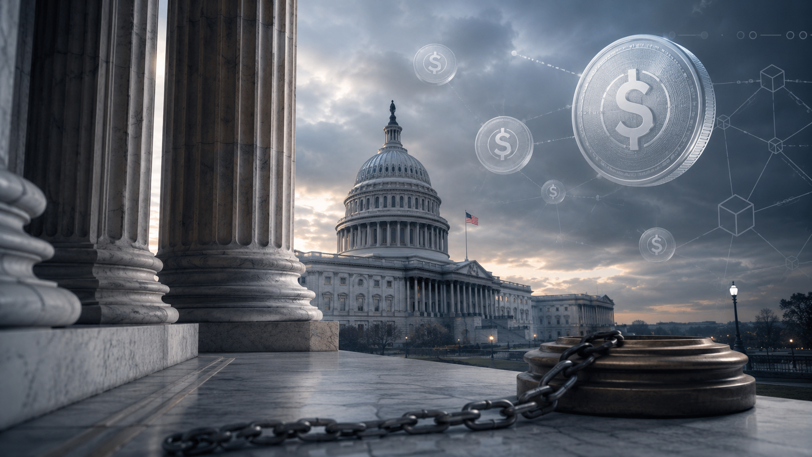US-Kapitol mit digitalen Stablecoin-Symbolen und einer schweren Kette als Symbol für die Blockade des Clarity Act