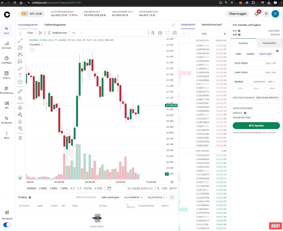 Coinbase Advanced Trading mit BTC/EUR-Handelspaar, Candlestick-Chart, Orderbuch und Kaufmaske für Stop-Limit-Orders.
