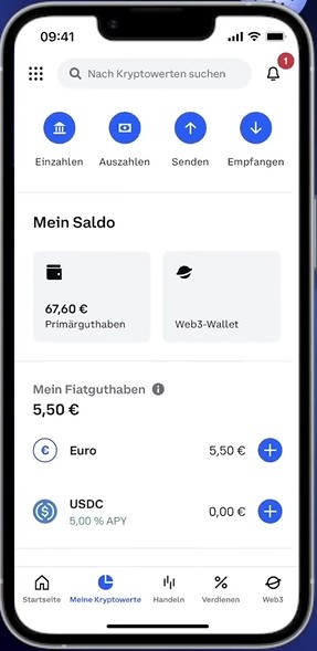 Startbildschirm der Coinbase App mit Kontostand, Fiatguthaben, Web3-Wallet und Schnellzugriff auf Einzahlen, Auszahlen, Senden und Empfangen.