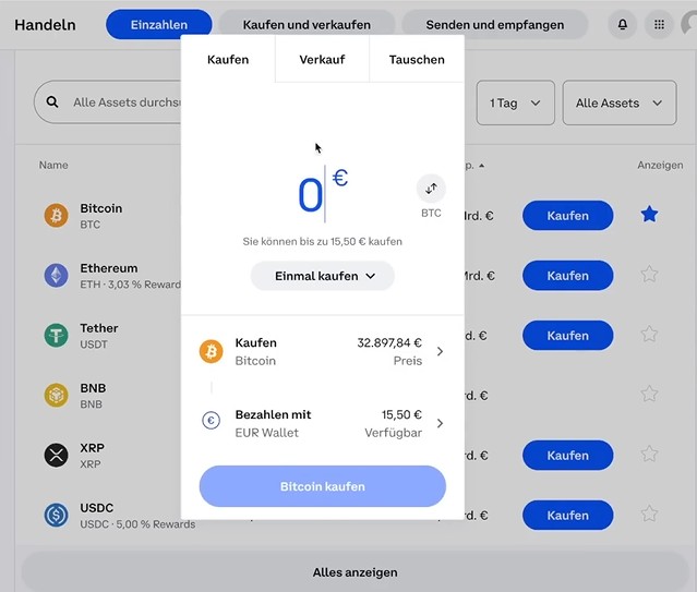Coinbase Desktop-App mit Kaufmaske für Bitcoin und Auswahl von Kaufbetrag, Zahlungsmethode und EUR-Wallet.