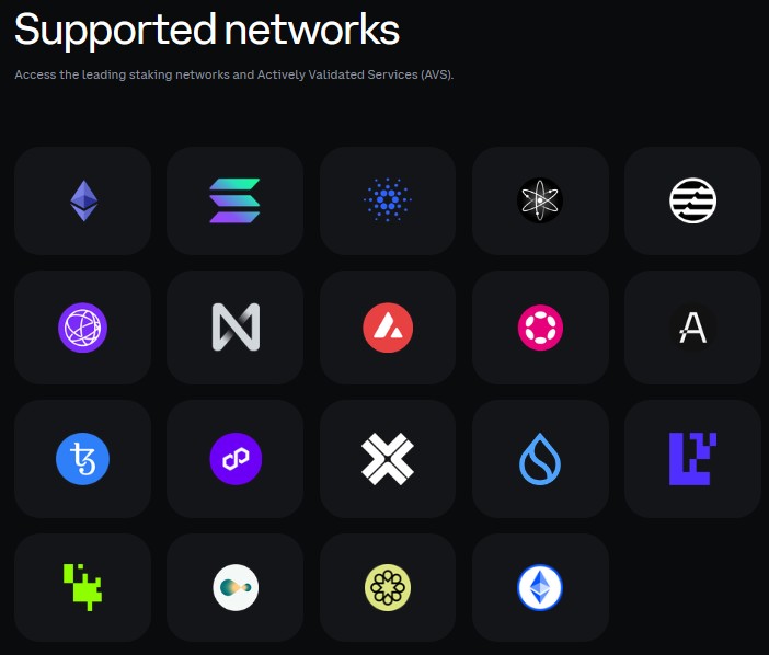 Übersicht unterstützter Blockchain-Netzwerke für Staking mit Logos von Ethereum, Solana, Cardano, Avalanche, Polygon und weiteren Kryptowährungen.