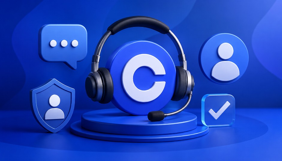 Symbolische Darstellung des Coinbase-Kundenservice mit Headset, Support-Symbolen und Sicherheitselementen auf blauem Hintergrund.