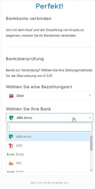 Coinmerce-Bankverifizierung mit iDEAL-Auswahl und Verknüpfung eines Bankkontos per 0,01-Euro-Überweisung.