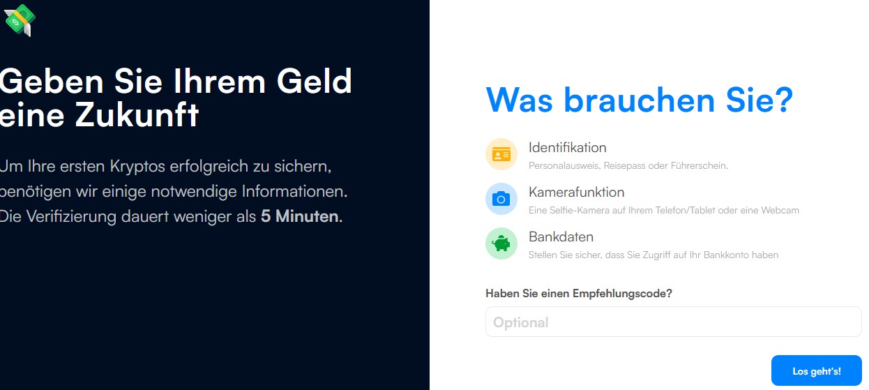 Coinmerce-Verifizierung mit Angaben zu Ausweis, Kamerafunktion, Bankdaten und optionalem Empfehlungscode.