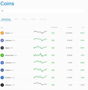 Coinmerce-Übersicht mit Suchleiste, Kryptowährungen, Kursen, Marktstimmung und 24-Stunden-Entwicklung.