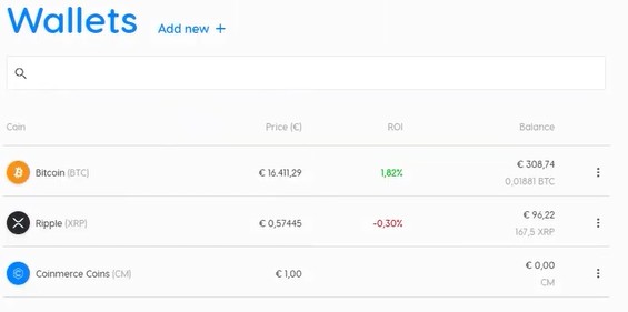 Coinmerce-Walletübersicht mit Bitcoin, XRP und Coinmerce Coins sowie Kurs, Rendite und aktuellem Guthaben.