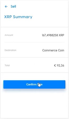 Coinmerce-Verkaufsübersicht für 167,4988258 XRP mit einem Gesamtwert von 92,36 Euro.