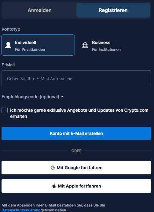 Screenshot der Registrierungsseite von Crypto.com. Zu sehen sind die Auswahl des Kontotyps, ein Eingabefeld für die E-Mail-Adresse sowie Optionen zur Registrierung per E-Mail, Google oder Apple.