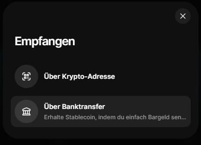 Empfangen-Menü einer Krypto-Wallet mit den Optionen Empfang über Krypto-Adresse oder Banktransfer für Stablecoins.