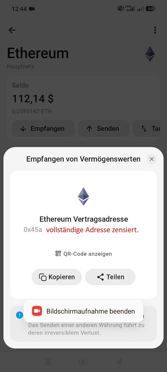 Ethereum-Empfangsadresse im Tangem Wallet mit Optionen zum Kopieren, Teilen und Anzeigen des QR-Codes.