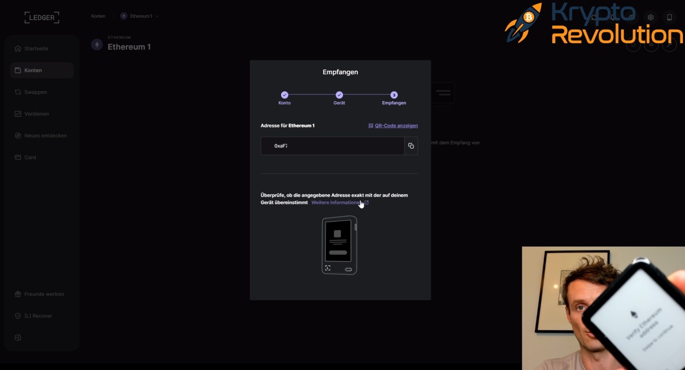 Vergleich der Ethereum-Empfangsadresse zwischen Ledger Live und dem Ledger Nano 5 zur sicheren Verifizierung vor einer Transaktion.