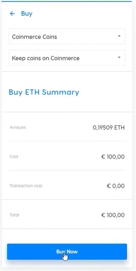 Kaufübersicht für Ethereum bei Coinmerce mit 0,19509 ETH für insgesamt 100 Euro.