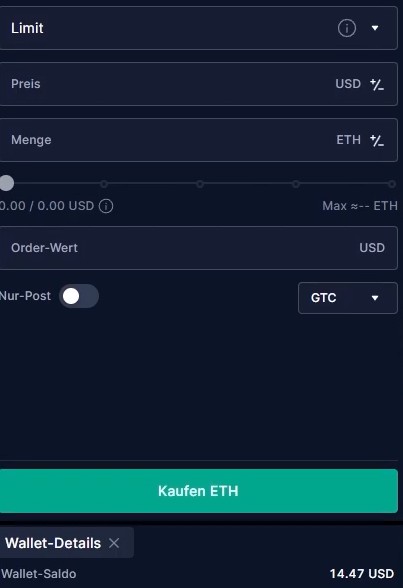 Crypto.com-Handelsmaske zum Kauf von Ethereum per Limit-Order mit Preis-, Mengen- und Orderwertfeldern.