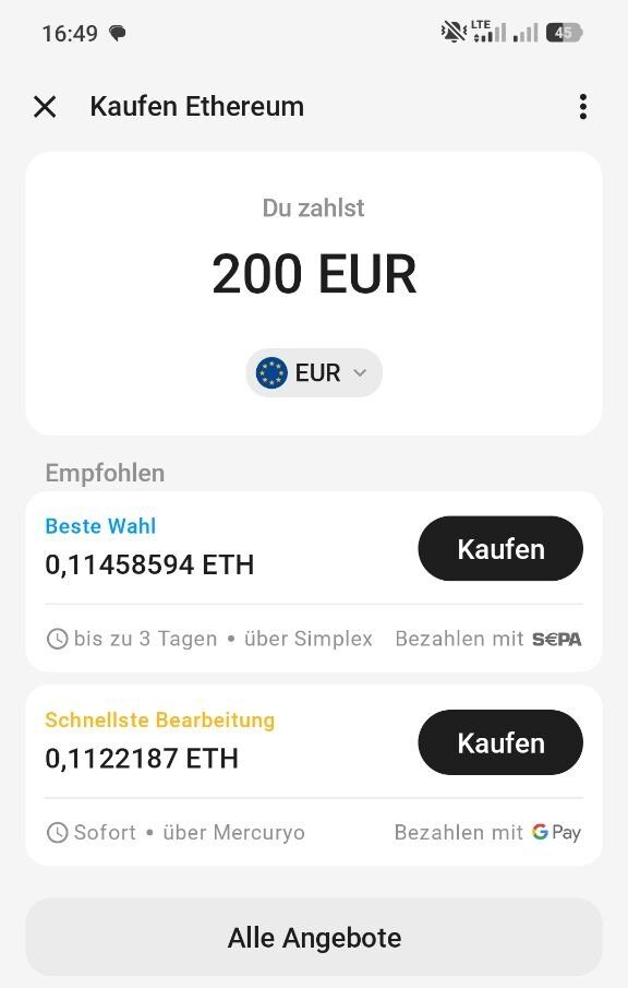 Kauf von Ethereum in der Tangem Wallet mit verschiedenen Kaufangeboten für 200 Euro.