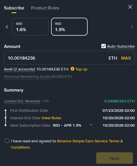 Binance Simple Earn mit Übersicht zum Staking von Ethereum für 90 Tage.