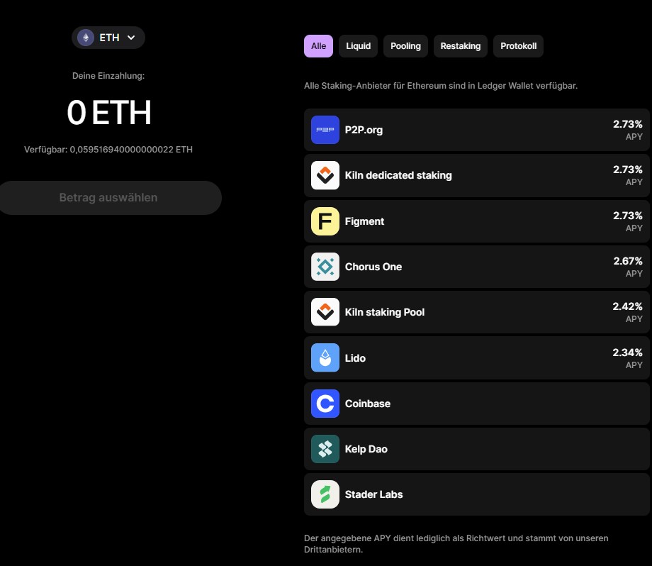 Ethereum-Staking in Ledger Live mit Auswahl verschiedener Staking-Anbieter und Anzeige der aktuellen APY.
