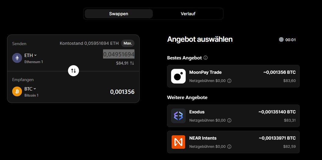 Ethereum direkt in Bitcoin tauschen und verschiedene Swap-Angebote in Ledger Live vergleichen.