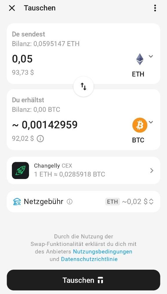 Ethereum in Bitcoin innerhalb der Tangem Wallet tauschen.