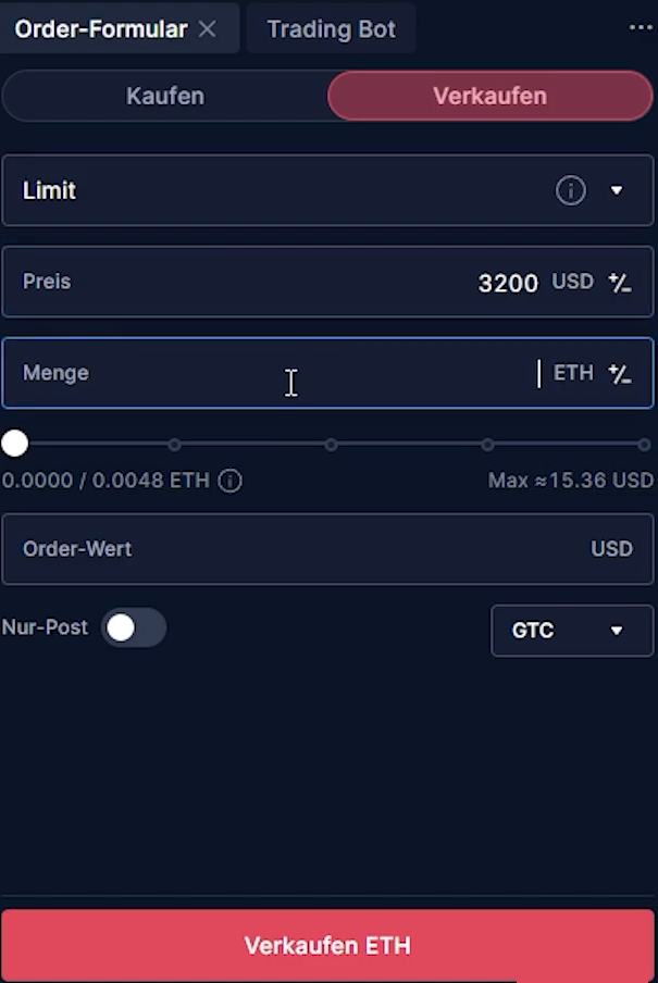 Crypto.com-Handelsformular zum Verkauf von Ethereum per Limit-Order zu einem Preis von 3.200 USD.