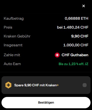 Kraken-Kaufübersicht für 0,66888 ETH zum Gesamtpreis von 1.000 CHF