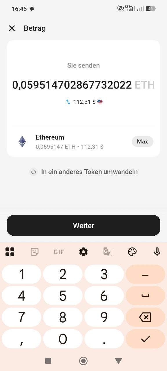 Eingabe des Ethereum-Sendebetrags im Tangem Wallet mit Weiter-Schaltfläche.
