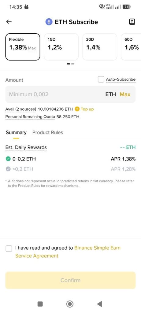 Binance Simple Earn ETH Flexible Staking mit 1,38 % APR in der Binance App