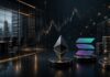 Ethereum- und Solana-Symbole in einer modernen Finanzwelt mit Börsenchart und Servern
