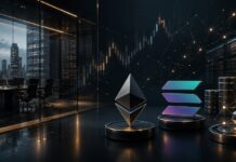 Ethereum- und Solana-Symbole in einer modernen Finanzwelt mit Börsenchart und Servern