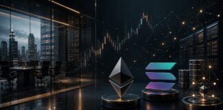 Ethereum- und Solana-Symbole in einer modernen Finanzwelt mit Börsenchart und Servern